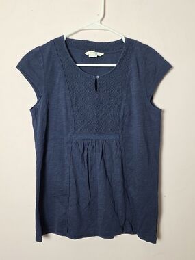 Boden Navy Blue Embroidered Lace Bib Top | Soft Cotton Boho Blouse Size US 4